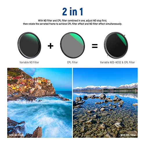 NEEWER 2 in 1 67mm Variable ND Filter ND2–ND32&CPL Filter(Circular Polarizer Filter) No X Cross/30 Layer Nano Coated/HD Optical Glass/Ultra Slim Aluminum Alloy Frame/Water Repellent/Scratch Resistant