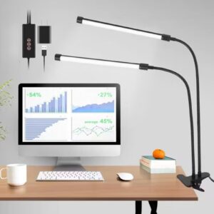 clip on lamp, dual head bright eye-care 3 color mode desk lamp with clamp, 5 level dimmer clip on light, 360 °adjustable clip on desk lamp for reading, working, bedroom, music stand