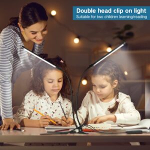 Clip on Lamp, Dual Head Bright Eye-Care 3 Color Mode Desk Lamp with Clamp, 5 Level Dimmer Clip on Light, 360 °Adjustable Clip on Desk Lamp for Reading, Working, Bedroom, Music Stand