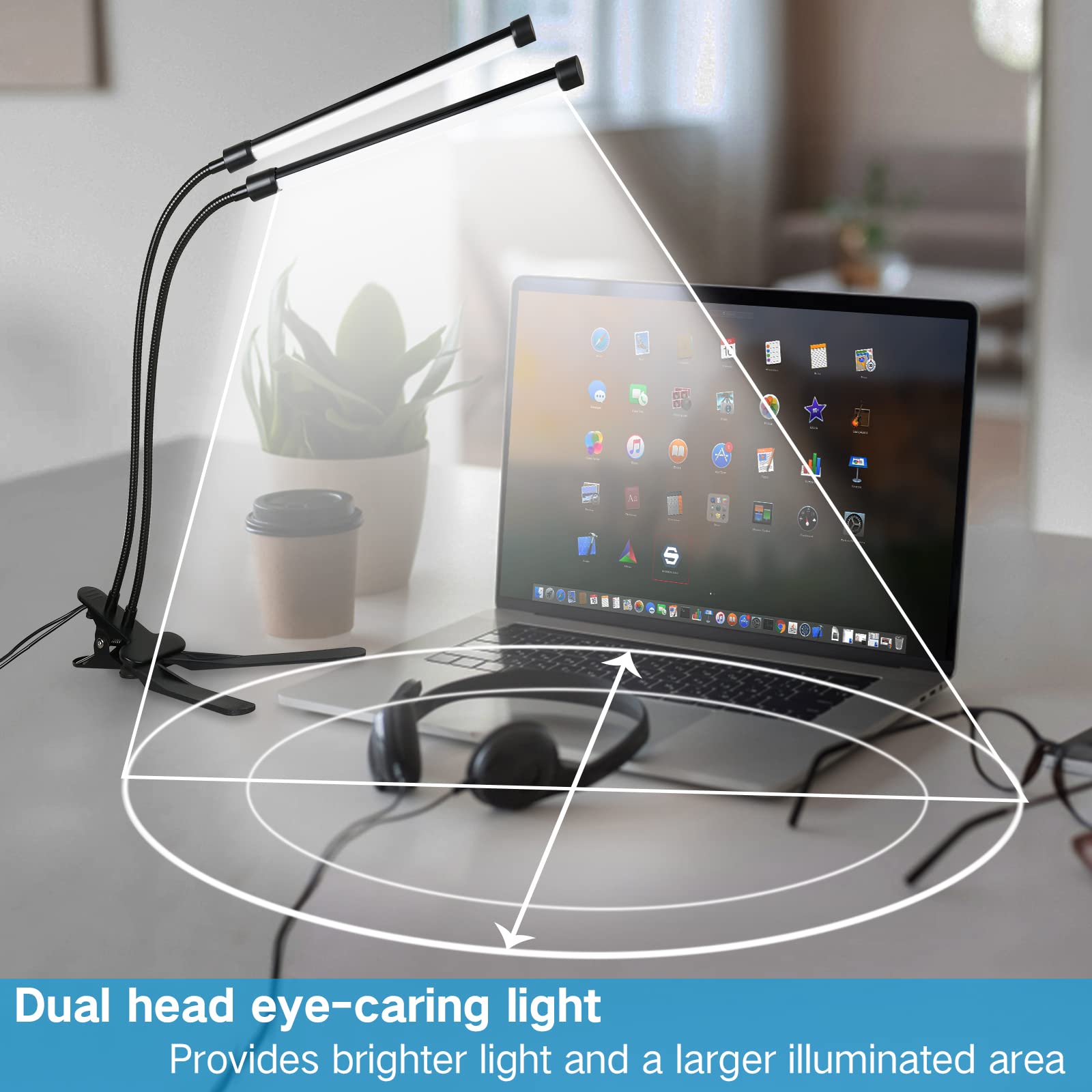 Clip on Lamp, Dual Head Bright Eye-Care 3 Color Mode Desk Lamp with Clamp, 5 Level Dimmer Clip on Light, 360 °Adjustable Clip on Desk Lamp for Reading, Working, Bedroom, Music Stand