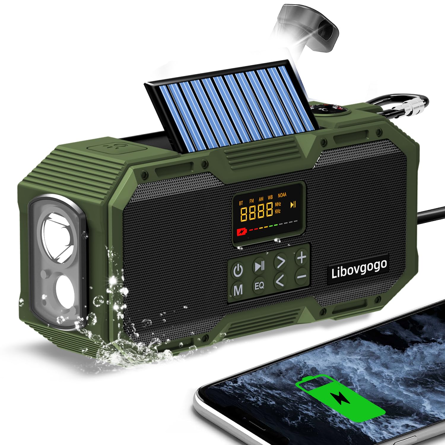 Emergency Radio 10W IPX5 Waterproof Bluetooth Speaker,Portable Digital AM FM Radio with Flashlight/Strobe Light,3 Mode Reading Lamp,Hand Crank WB NOAA Weather Solar Radio,4000mAH Cell Phone Charger