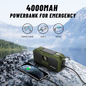 Emergency Radio 10W IPX5 Waterproof Bluetooth Speaker,Portable Digital AM FM Radio with Flashlight/Strobe Light,3 Mode Reading Lamp,Hand Crank WB NOAA Weather Solar Radio,4000mAH Cell Phone Charger