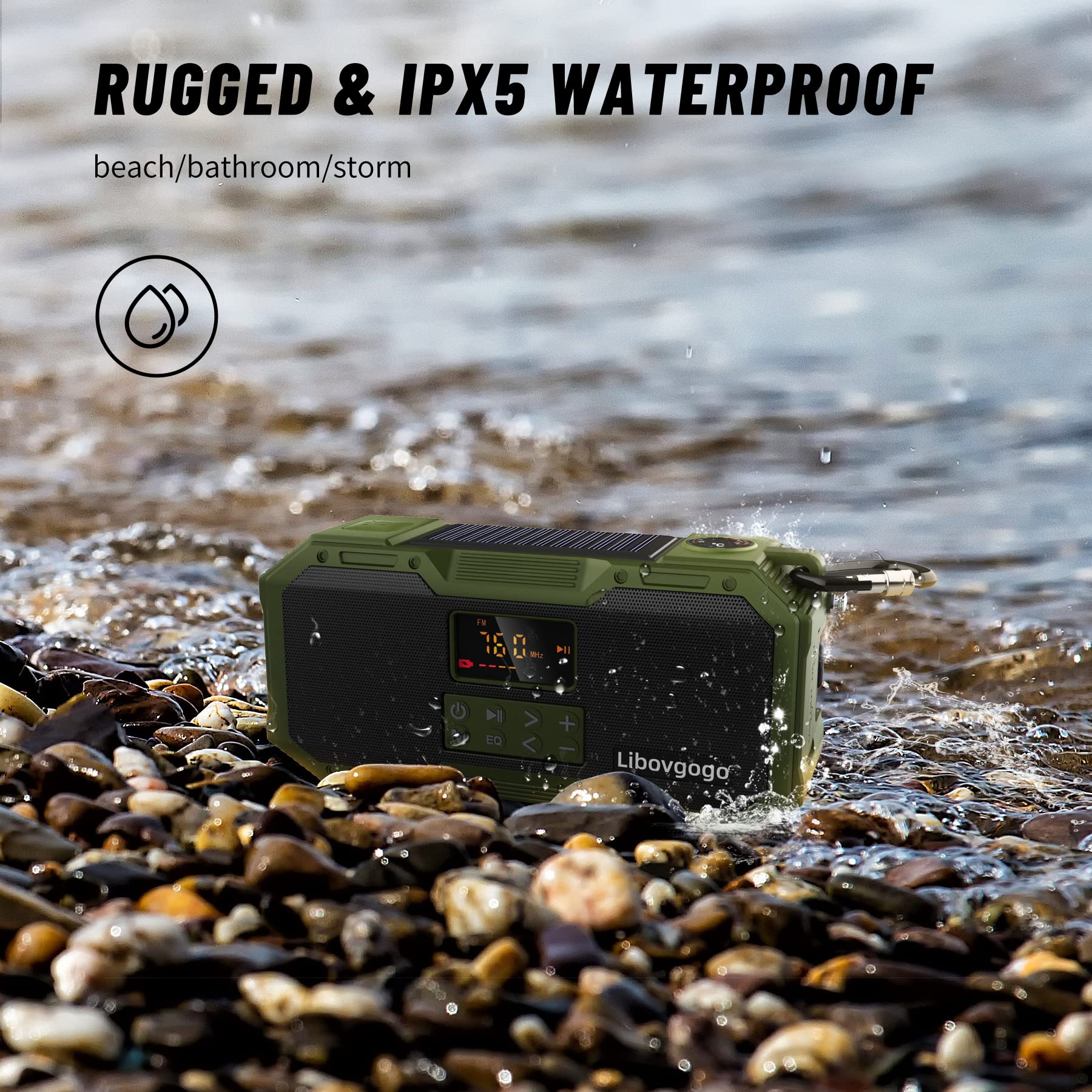 Emergency Radio 10W IPX5 Waterproof Bluetooth Speaker,Portable Digital AM FM Radio with Flashlight/Strobe Light,3 Mode Reading Lamp,Hand Crank WB NOAA Weather Solar Radio,4000mAH Cell Phone Charger