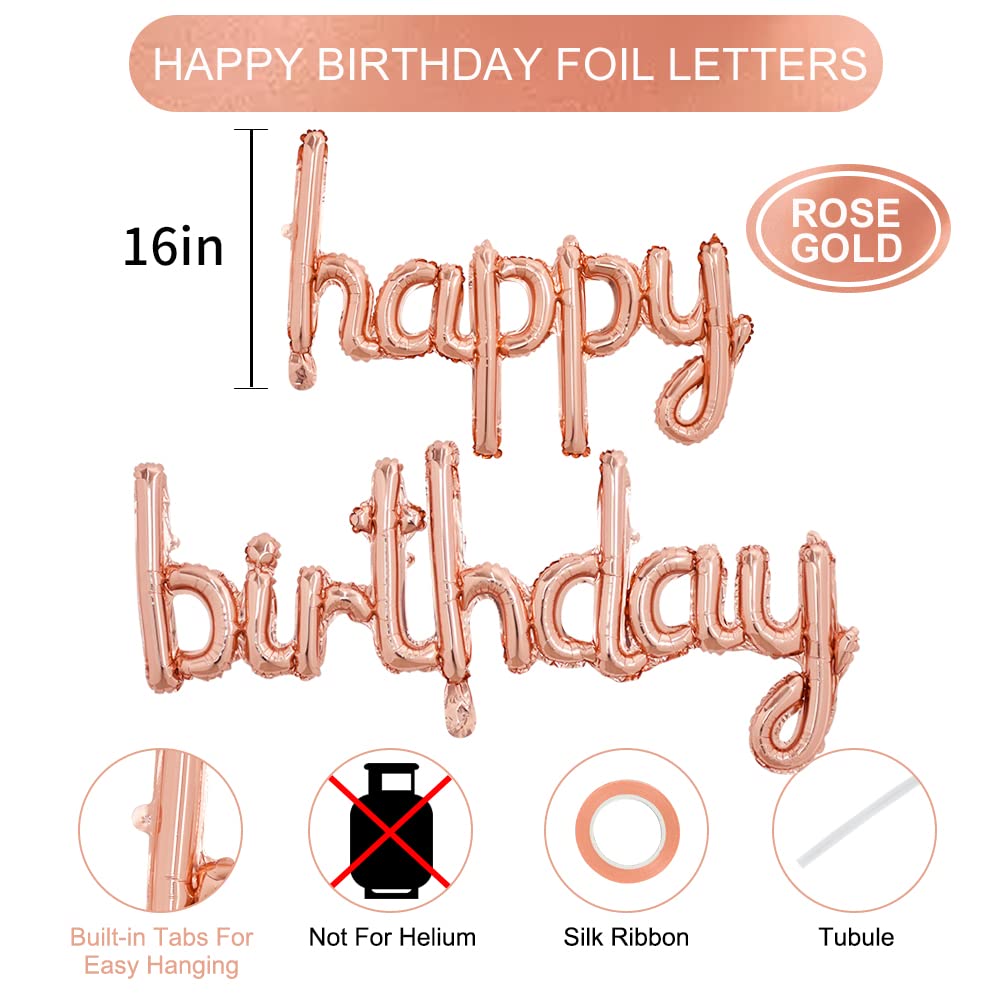 TONIFUL Rose Gold Happy Birthday Balloons Banner, 16 Inch Mylar Foil Script/Cursive Letters Birthday Sign Banner Balloon Reusable Material for Girls Boys Kids & Adults Birthday Decorations