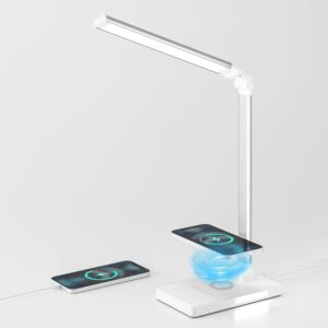 led desk lamp with wireless charger, usb charging port, touch control desk lamp with 5 color modes, 7 brightness levels, auto timer, dimmable eye caring reading desk light for study home office
