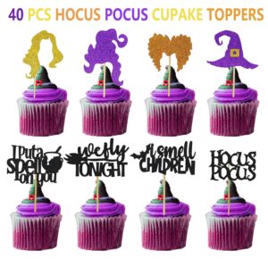 40Pcs Hocus Pocus Cupcake Toppers, I Put A Spell on You, I Smell Children Cupcake Toppers, Halloween Hocus Pocus Baby Shower Gender Reveal Party Decorations, Halloween Birthday Party Decorations