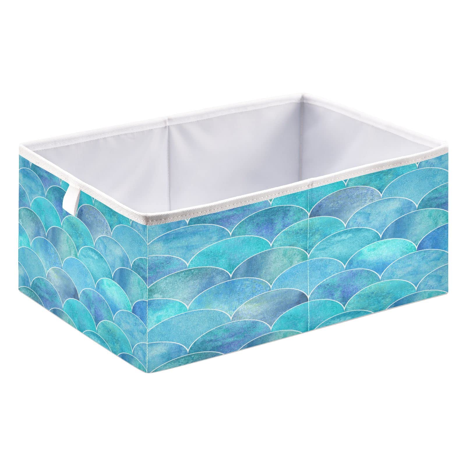 Kigai Teal Fish Scale Ocean Wave Storage Bin, Large Collapsible Organizer Rectangle Storage Basket for Home Office Décor, 15.8 x 10.6 x 7 in