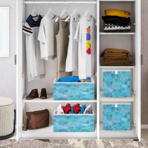 Kigai Teal Fish Scale Ocean Wave Storage Bin, Large Collapsible Organizer Rectangle Storage Basket for Home Office Décor, 15.8 x 10.6 x 7 in