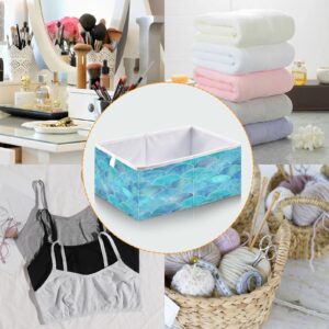 Kigai Teal Fish Scale Ocean Wave Storage Bin, Large Collapsible Organizer Rectangle Storage Basket for Home Office Décor, 15.8 x 10.6 x 7 in