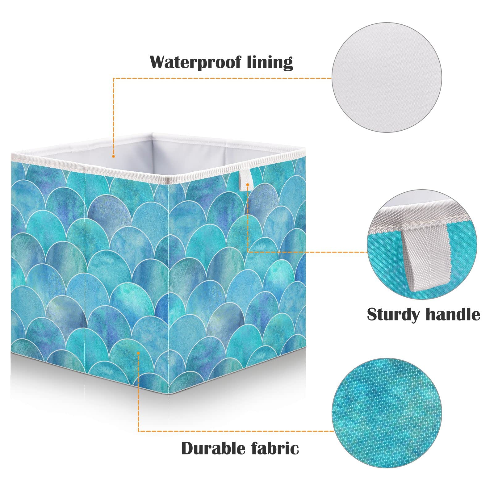 Kigai Teal Fish Scale Ocean Wave Storage Bin, Large Collapsible Organizer Rectangle Storage Basket for Home Office Décor, 15.8 x 10.6 x 7 in