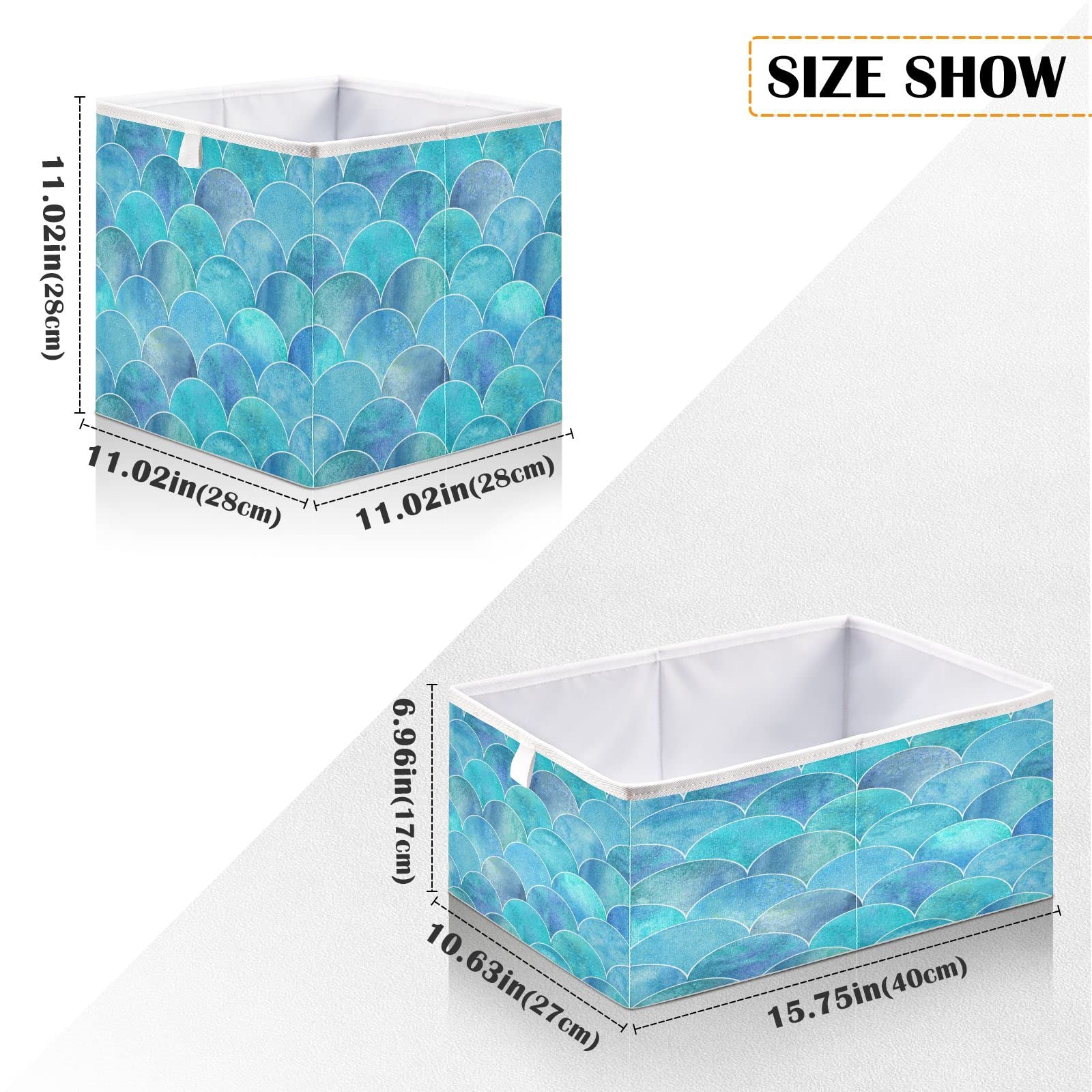 Kigai Teal Fish Scale Ocean Wave Storage Bin, Large Collapsible Organizer Rectangle Storage Basket for Home Office Décor, 15.8 x 10.6 x 7 in