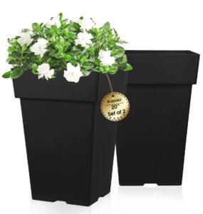 kubvici 20 inch tall planters for outdoor indoor plants, set of 2 large plastic plant pots flower pot outdoor planter for front porch door balcony deck with drainage, with removable wheel, black 20"