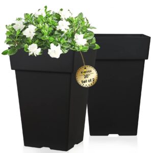 kubvici 20 Inch Tall Planters for Outdoor Indoor Plants, Set of 2 Large Plastic Plant Pots Flower Pot Outdoor Planter for Front Porch Door Balcony Deck with Drainage, with Removable Wheel, Black 20"