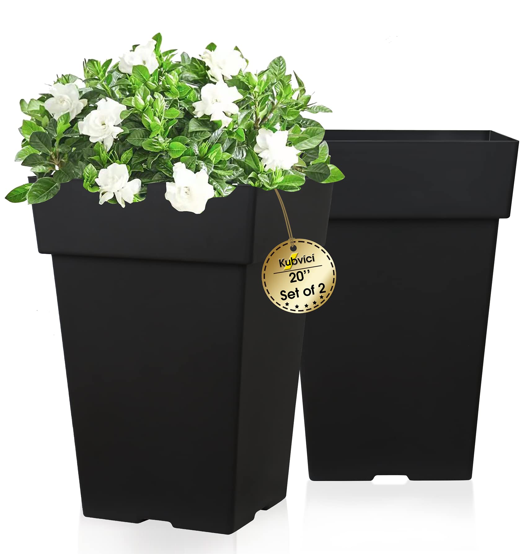 kubvici 20 Inch Tall Planters for Outdoor Indoor Plants, Set of 2 Large Plastic Plant Pots Flower Pot Outdoor Planter for Front Porch Door Balcony Deck with Drainage, with Removable Wheel, Black 20"