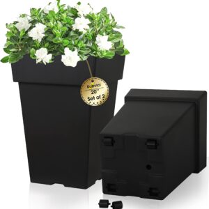 kubvici 20 Inch Tall Planters for Outdoor Indoor Plants, Set of 2 Large Plastic Plant Pots Flower Pot Outdoor Planter for Front Porch Door Balcony Deck with Drainage, with Removable Wheel, Black 20"