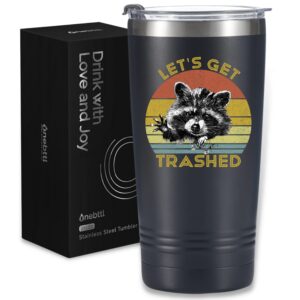raccoon gifts for men and women, insulated 20 oz stainless steel travel tumbler with straw, brush, lid, and gifts box, let's get trashed