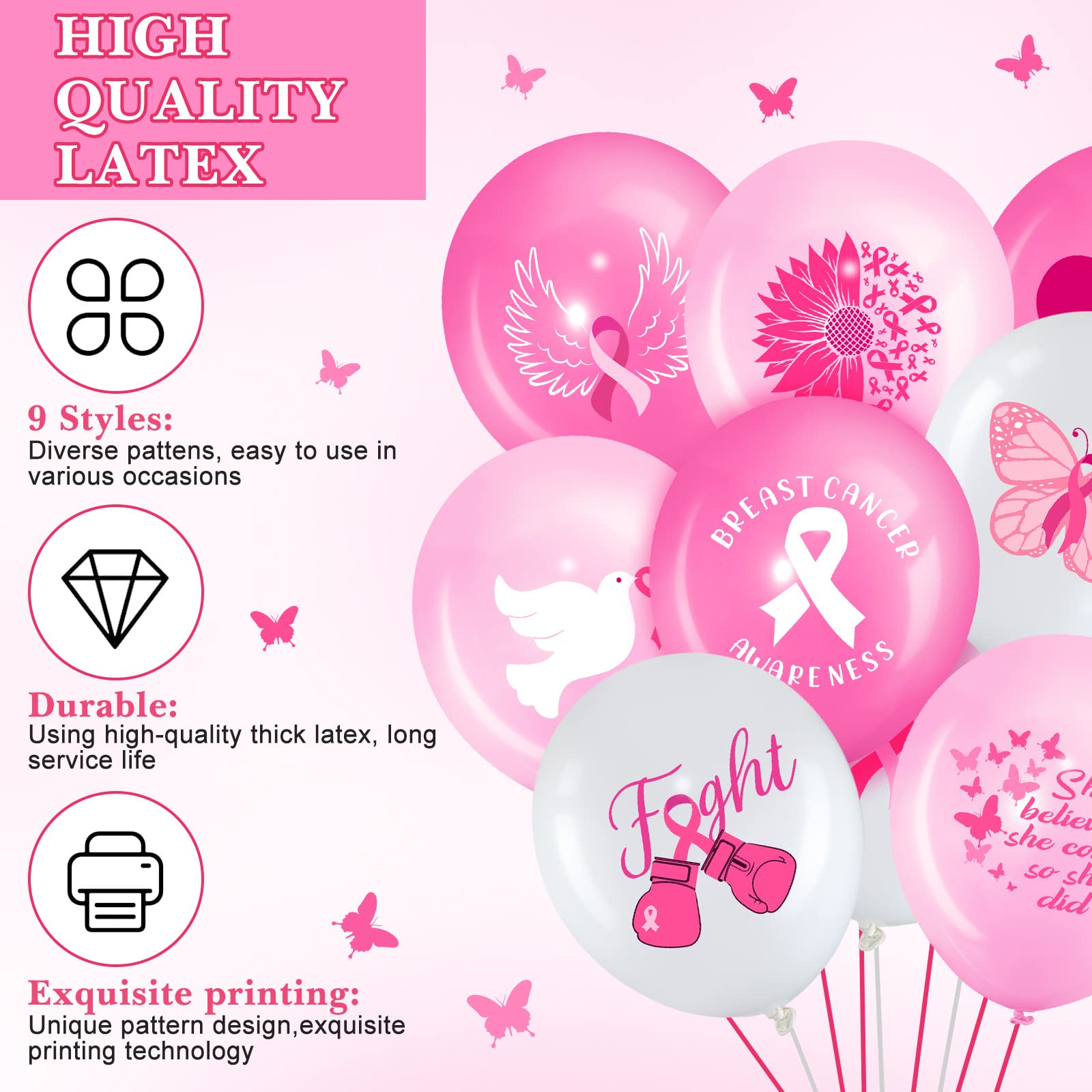 45 Pcs Breast Cancer Awareness Balloons Pink Ribbon Latex Balloons Breast Cancer Balloon Bundle for Women Home Office Breast Cancer Awareness Party Supplies Indoor Outdoor Decor, 12 Inch