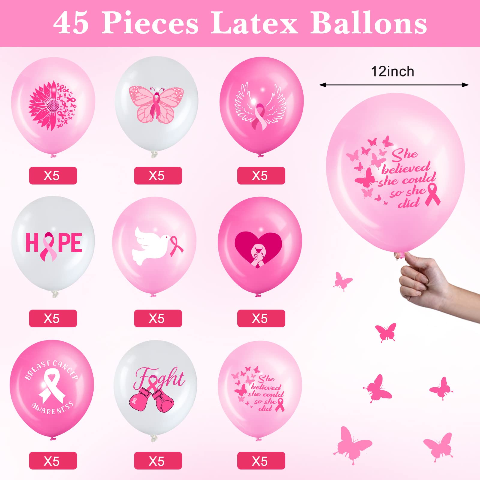 45 Pcs Breast Cancer Awareness Balloons Pink Ribbon Latex Balloons Breast Cancer Balloon Bundle for Women Home Office Breast Cancer Awareness Party Supplies Indoor Outdoor Decor, 12 Inch