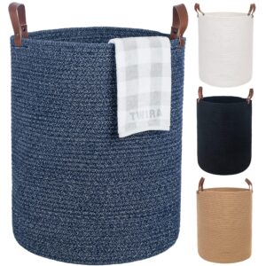 twira extra large 20x16 inches cotton rope basket, woven baby laundry blanket basket with leather handle toy basket storage baskets bin for yoga mat & towel (blue）