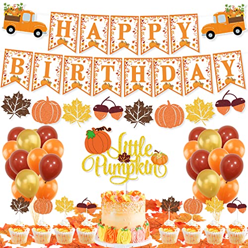 K KUMEED Little Pumpkin Party Decorations, Happy Birthday Pumpkin Banner Maple Leaves Cake Topper Latex Balloons for Fall Theme Baby Shower Birthday Decorations Party Supplies