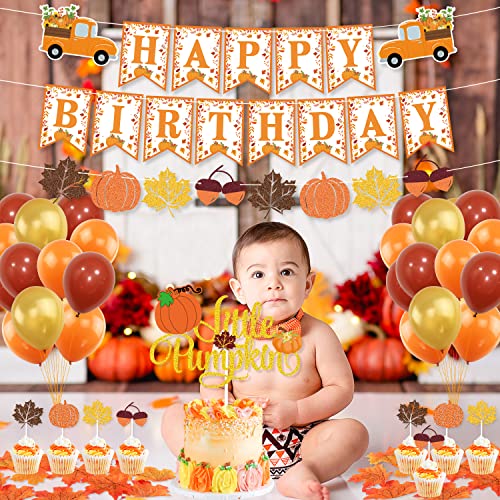 K KUMEED Little Pumpkin Party Decorations, Happy Birthday Pumpkin Banner Maple Leaves Cake Topper Latex Balloons for Fall Theme Baby Shower Birthday Decorations Party Supplies