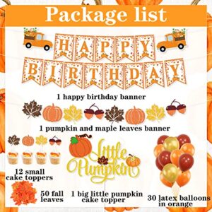 K KUMEED Little Pumpkin Party Decorations, Happy Birthday Pumpkin Banner Maple Leaves Cake Topper Latex Balloons for Fall Theme Baby Shower Birthday Decorations Party Supplies