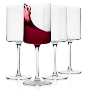 square wine glasses set of 4 – 14oz crystal wine glasses – elegant & modern long stem wine glasses for white & red wine – hand-blown lead-free large wine glass