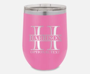custom stemless wine cup 12oz add monogram initial stainless steel vacuum insulated wine tumbler with lid pink