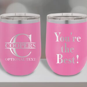 Custom Stemless Wine Cup 12oz Add Monogram Initial Stainless Steel Vacuum Insulated Wine Tumbler With Lid Pink