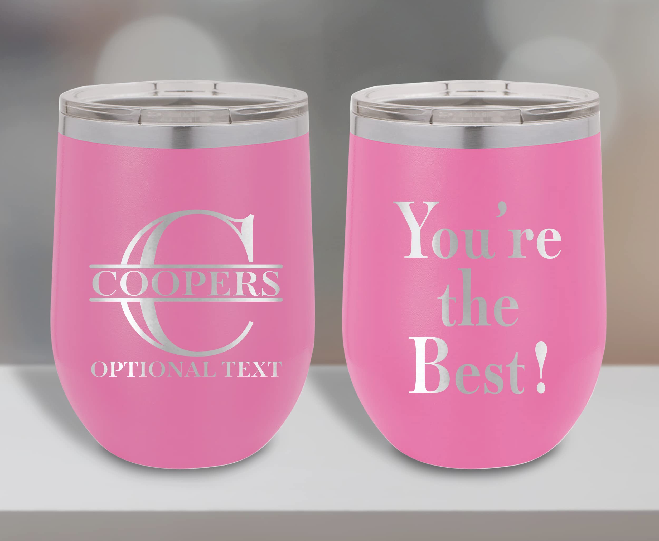 Custom Stemless Wine Cup 12oz Add Monogram Initial Stainless Steel Vacuum Insulated Wine Tumbler With Lid Pink