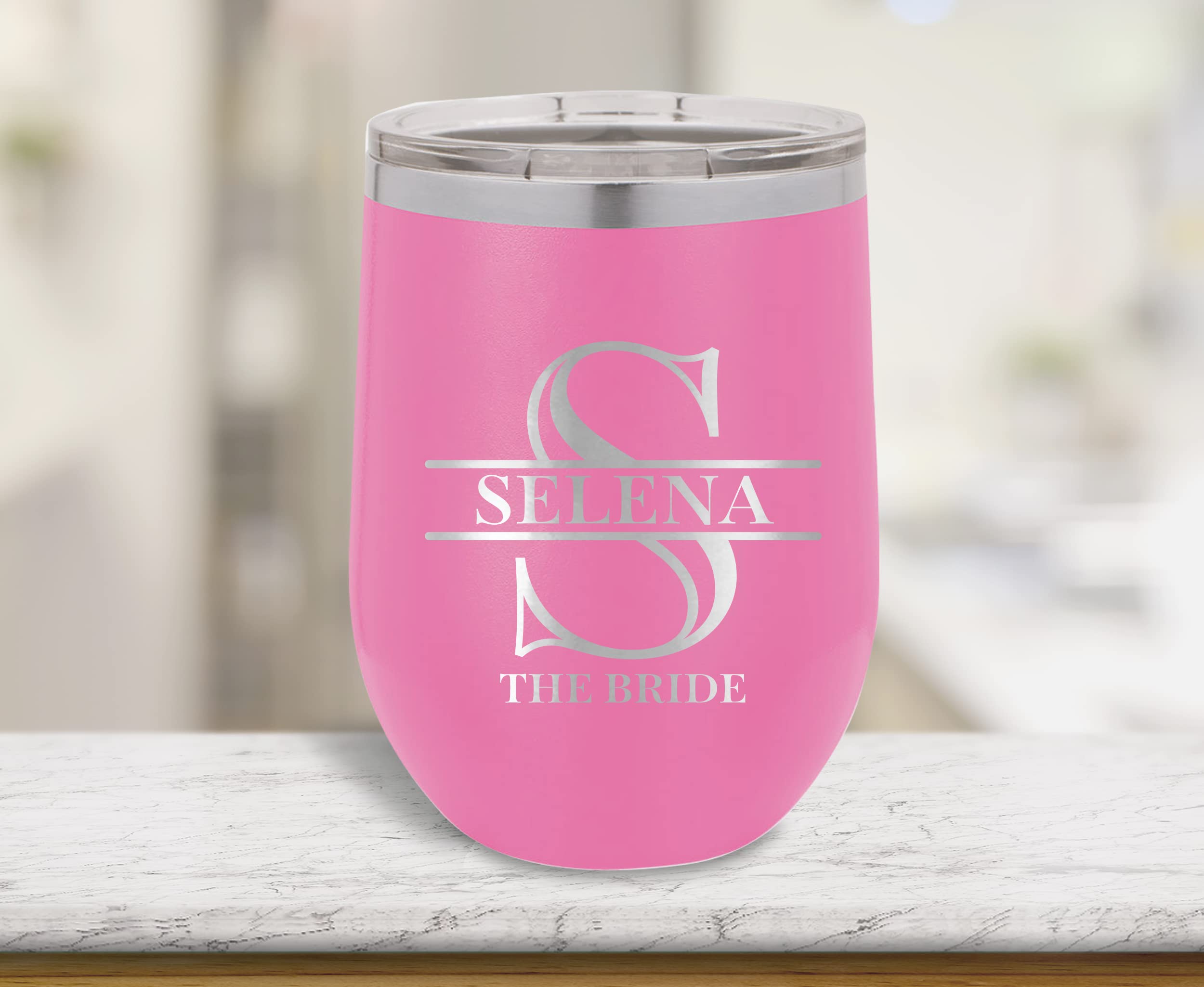 Custom Stemless Wine Cup 12oz Add Monogram Initial Stainless Steel Vacuum Insulated Wine Tumbler With Lid Pink