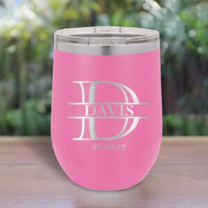 Custom Stemless Wine Cup 12oz Add Monogram Initial Stainless Steel Vacuum Insulated Wine Tumbler With Lid Pink