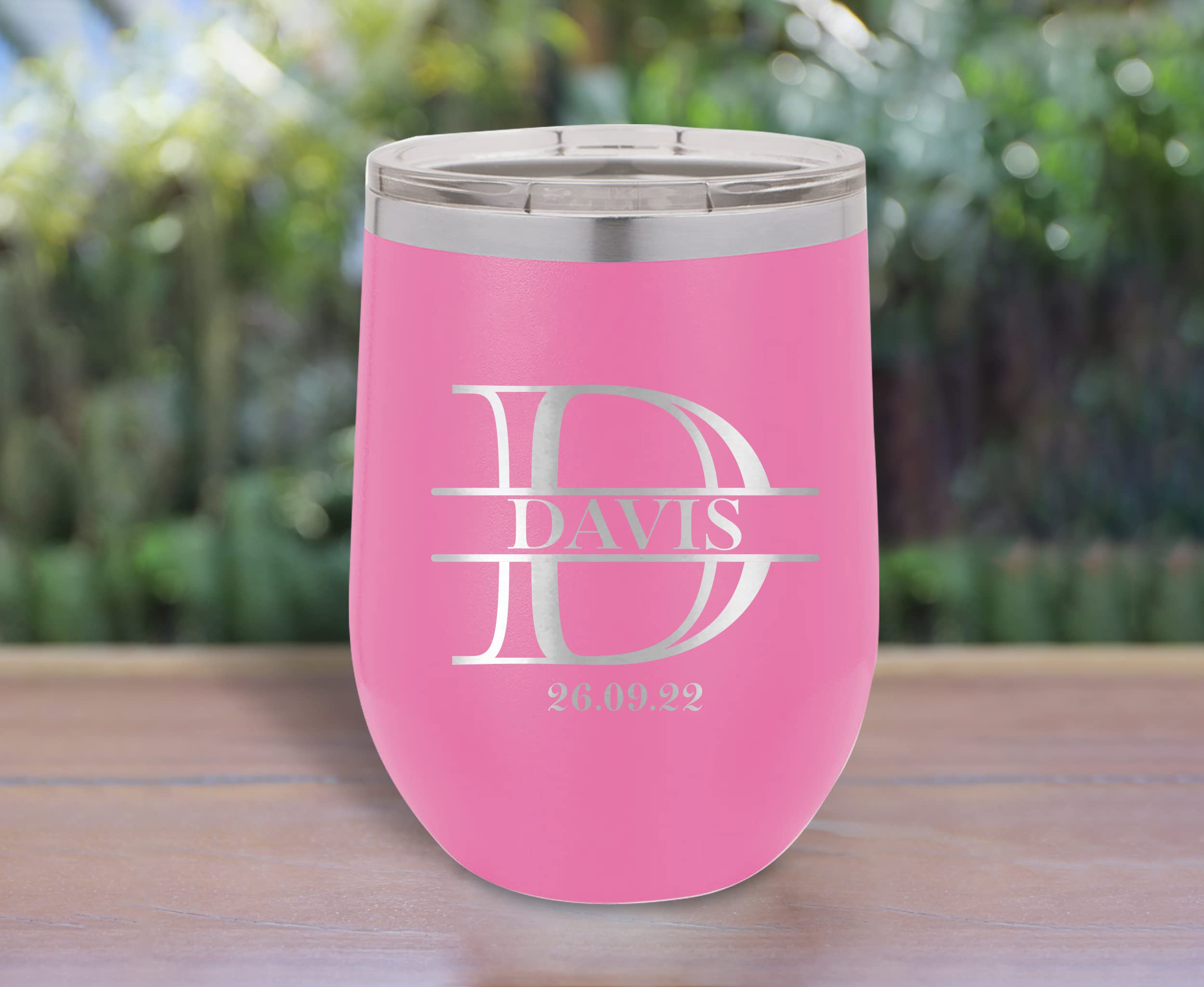 Custom Stemless Wine Cup 12oz Add Monogram Initial Stainless Steel Vacuum Insulated Wine Tumbler With Lid Pink