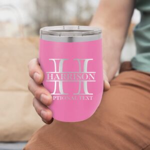 Custom Stemless Wine Cup 12oz Add Monogram Initial Stainless Steel Vacuum Insulated Wine Tumbler With Lid Pink