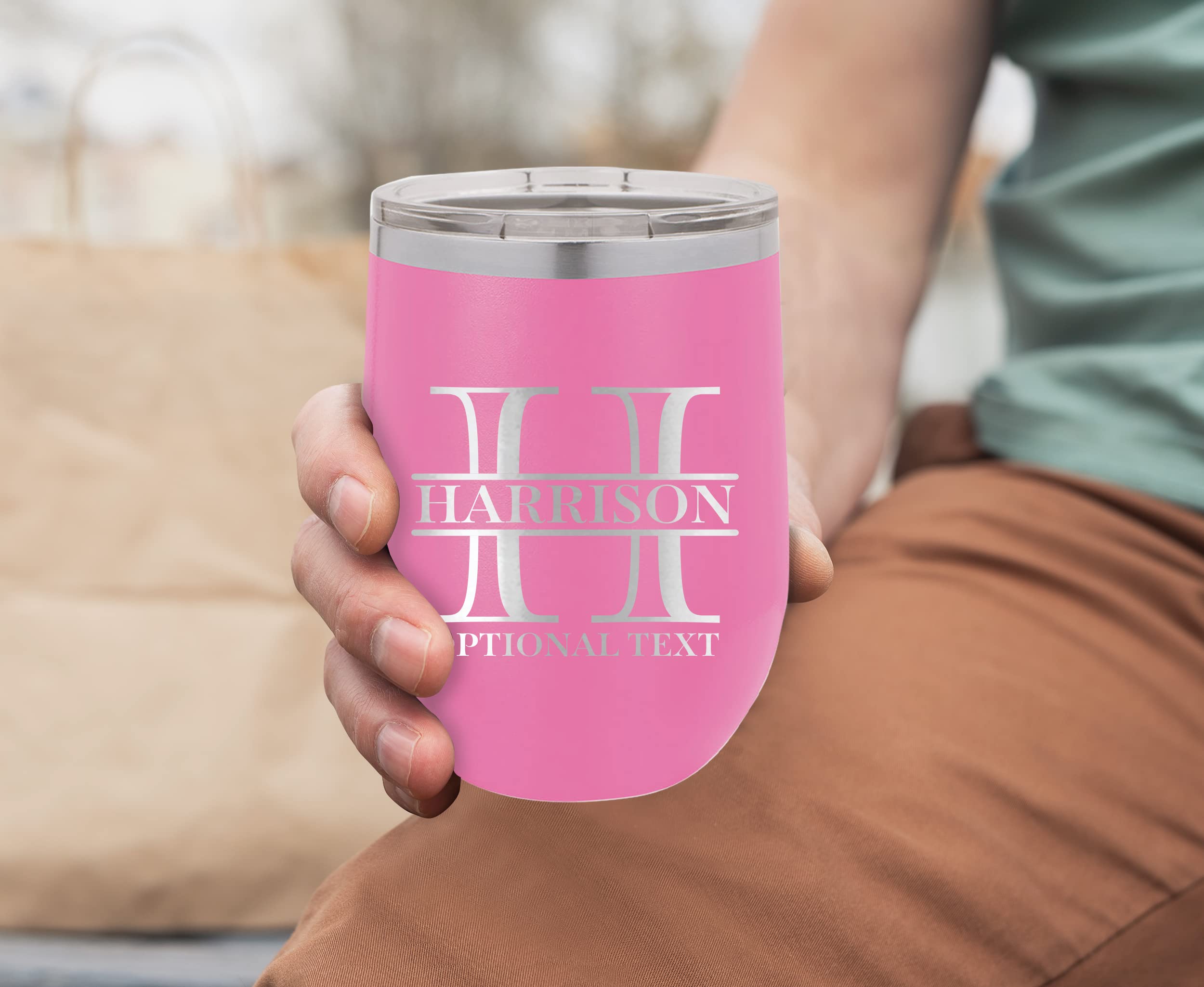 Custom Stemless Wine Cup 12oz Add Monogram Initial Stainless Steel Vacuum Insulated Wine Tumbler With Lid Pink