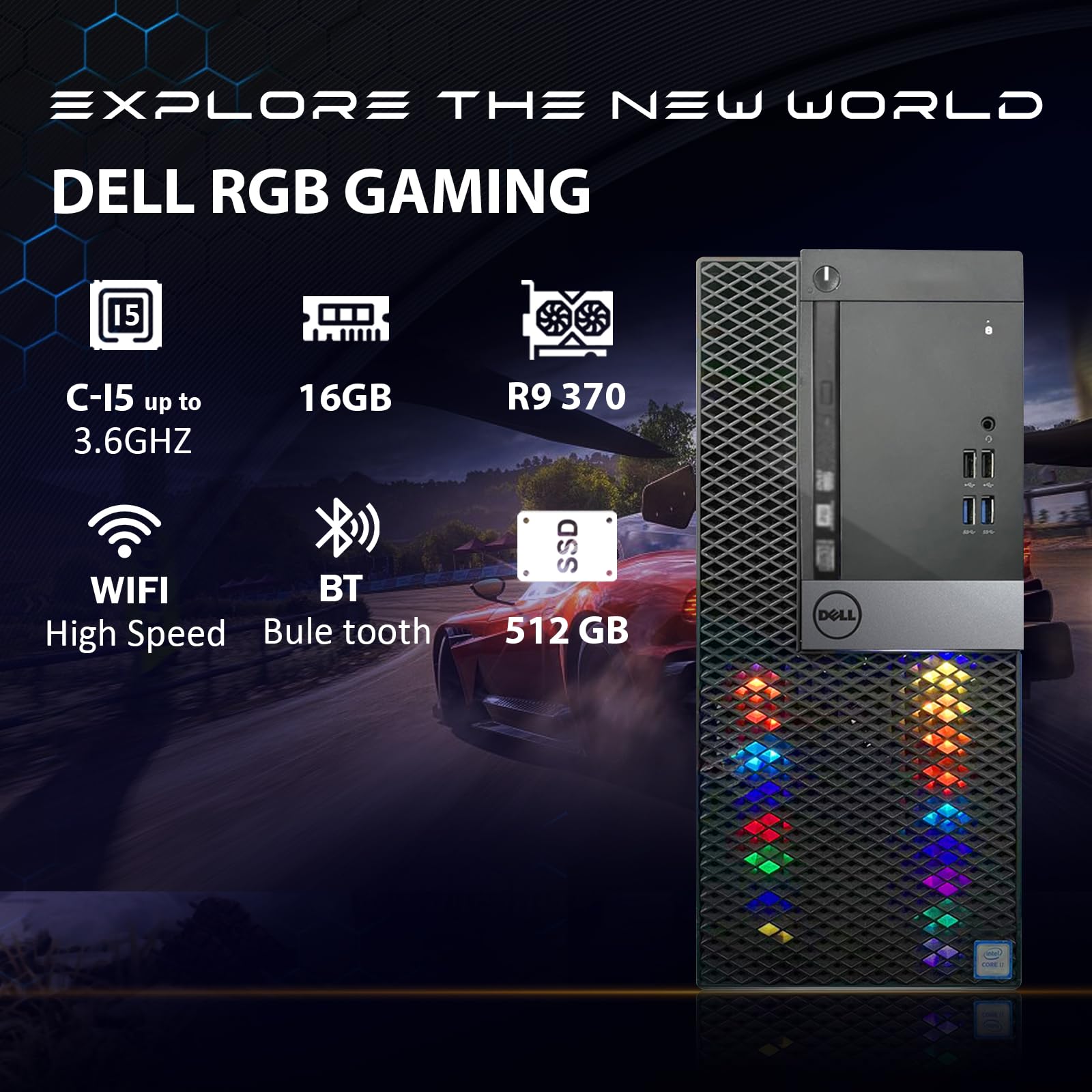 Dell RGB Gaming Desktop PC, Intel Quad I5 up to 3.6GHz, Radeon R9 370 4G GDDR5, 16GB RAM, 512G SSD, WiFi & Bluetooth, RGB Keyboard & Mouse, Win 10 Pro (Renewed)