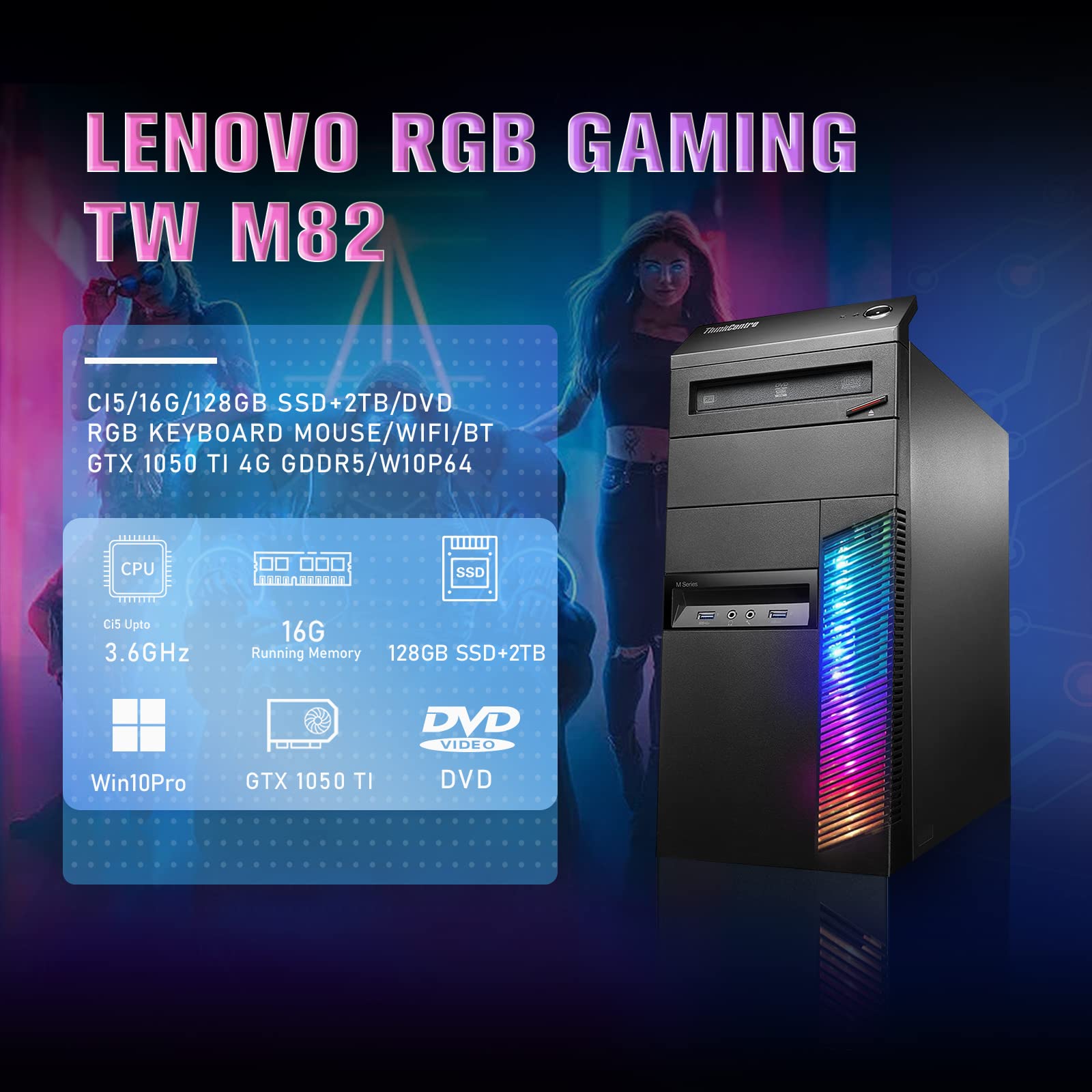 Lenovo Gaming PC Desktop RGB Computer Intel Quad I5 up to 3.6GHz + GeForce GTX 1050 Ti 4G GDDR5, 16GB RAM, 128G SSD + 2TB, RGB Keyboard & Mouse, WiFi & Bluetooth, DVD, Win 10 Pro (Renewed)