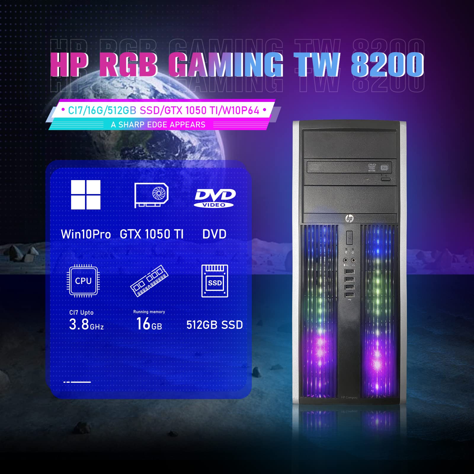 HP Gaming PC Desktop RGB Computer Intel Quad I7 up to 3.8GHz + GeForce GTX 1050 Ti 4G GDDR5, 16GB RAM, 512G SSD, RGB Keyboard & Mouse, WiFi & Bluetooth, DVD, Win 10 Pro (Renewed)