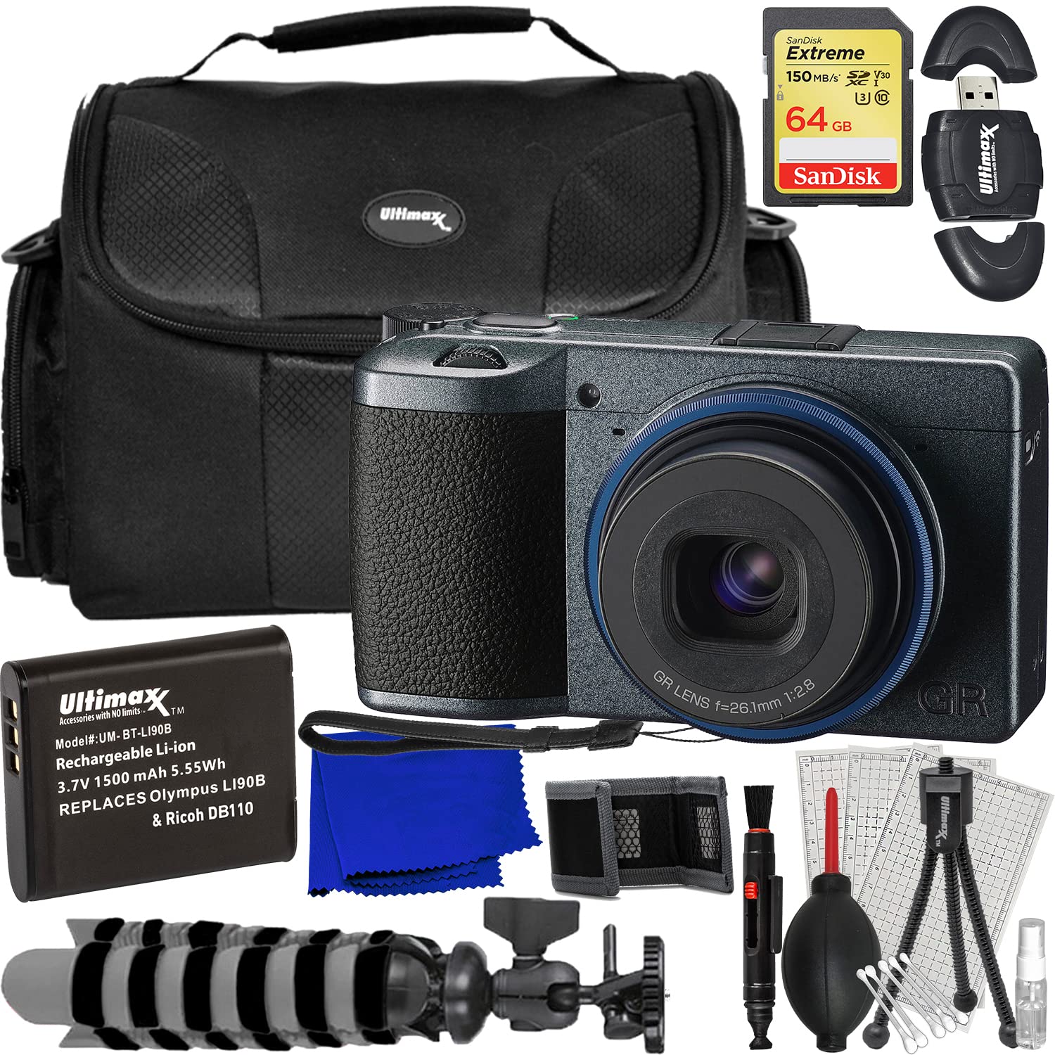 Ultimaxx Essential Bundle + Ricoh GR IIIx Urban Edition Digital Camera + SanDisk 64GB Extreme SDXC, Extended Life Replacement Battery, Water-Resistant Gadget Bag, “Gripster” Tripod & More(18pc Bundle)