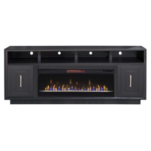 bridgevine home sunset fireplace tv stand 83 inches, accommodates tvs up to 95 inches, fully assembled, poplar solid wood, black finish