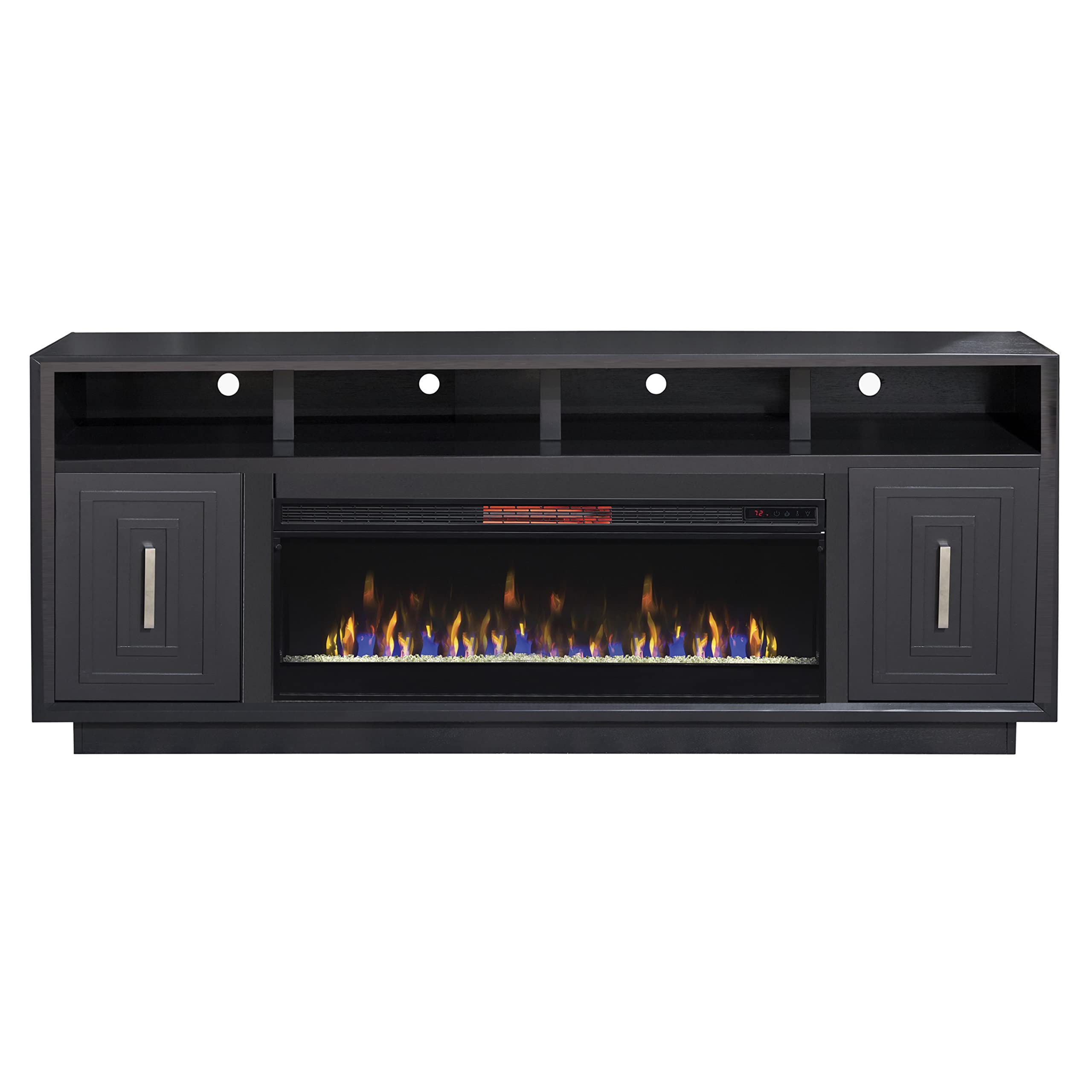 Bridgevine Home Sunset Fireplace TV Stand 83 inches, Accommodates TVs up to 95 inches, Fully Assembled, Poplar Solid Wood, Black Finish
