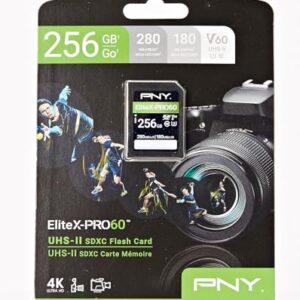 PNY 256GB EliteX-PRO60 UHS-II SDXC Memory Card - R280MB/s W180MB/s, U3, V60, 4K UHD, Full HD, UHS-II for Professional Photographers & Content Creators, DSLR Mirrorless Cameras, Advanced Video Cameras