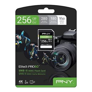 PNY 256GB EliteX-PRO60 UHS-II SDXC Memory Card - R280MB/s W180MB/s, U3, V60, 4K UHD, Full HD, UHS-II for Professional Photographers & Content Creators, DSLR Mirrorless Cameras, Advanced Video Cameras