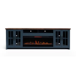 bridgevine home nantucket modern farmhouse fireplace tv console, 97 inches, accommodates tvs up to 100 inches, fully assembled, poplar solid wood, blue denim and whiskey finish