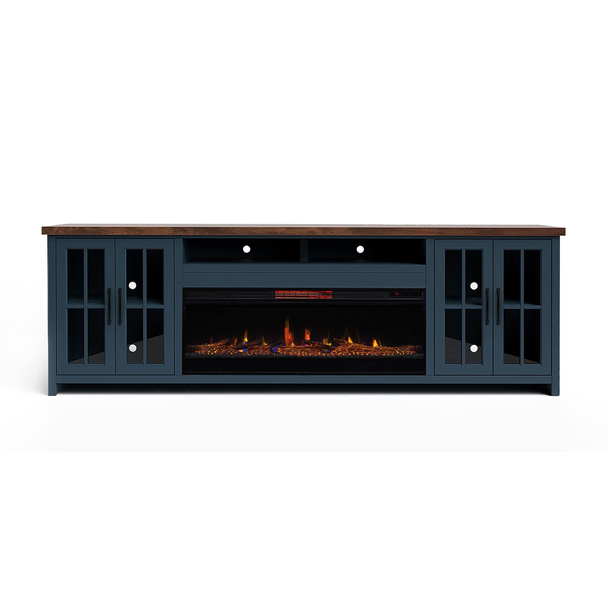 Bridgevine Home Nantucket Modern Farmhouse Fireplace TV Console, 97 Inches, Accommodates TVs up to 100 inches, Fully Assembled, Poplar Solid Wood, Blue Denim and Whiskey Finish