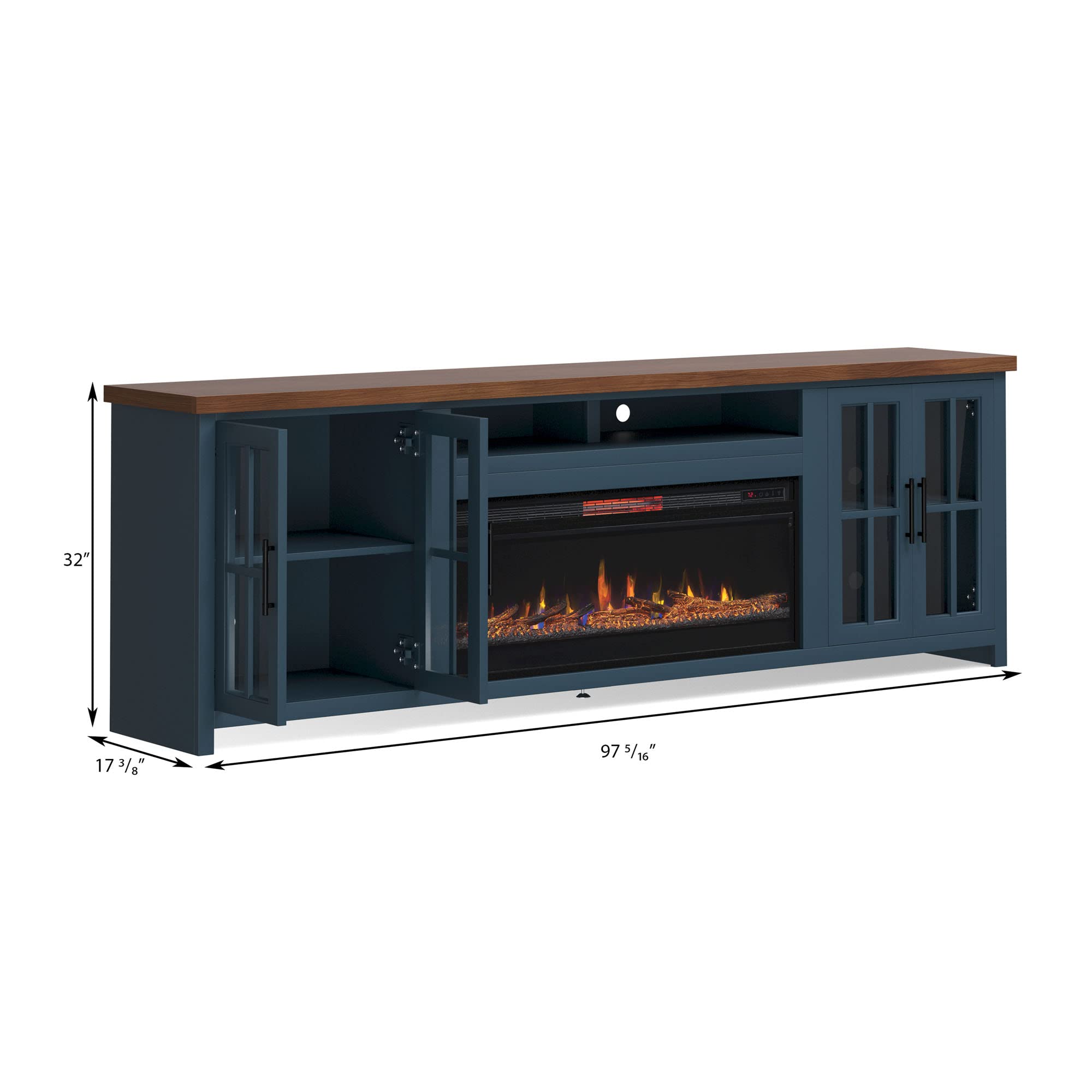 Bridgevine Home Nantucket Modern Farmhouse Fireplace TV Console, 97 Inches, Accommodates TVs up to 100 inches, Fully Assembled, Poplar Solid Wood, Blue Denim and Whiskey Finish