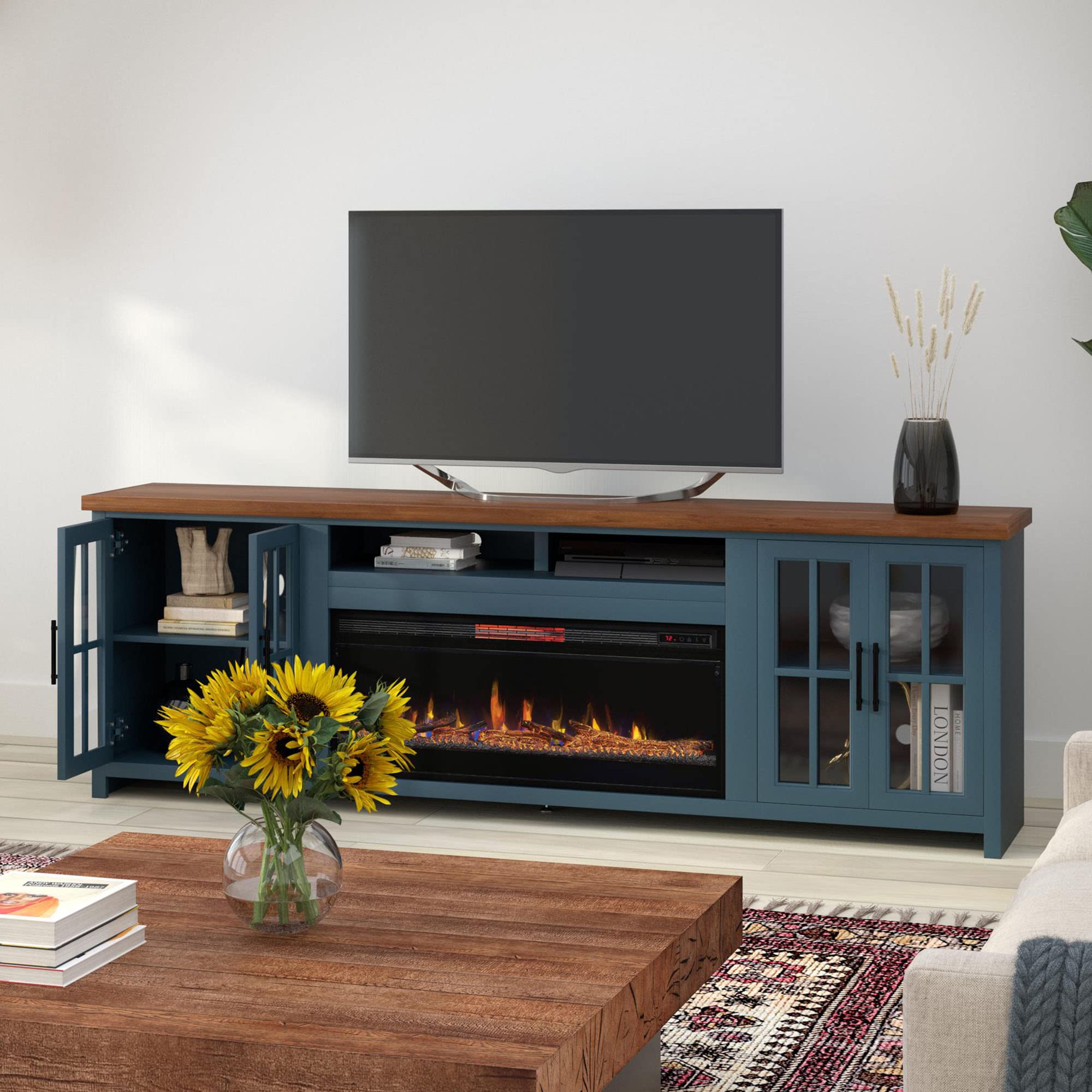 Bridgevine Home Nantucket Modern Farmhouse Fireplace TV Console, 97 Inches, Accommodates TVs up to 100 inches, Fully Assembled, Poplar Solid Wood, Blue Denim and Whiskey Finish