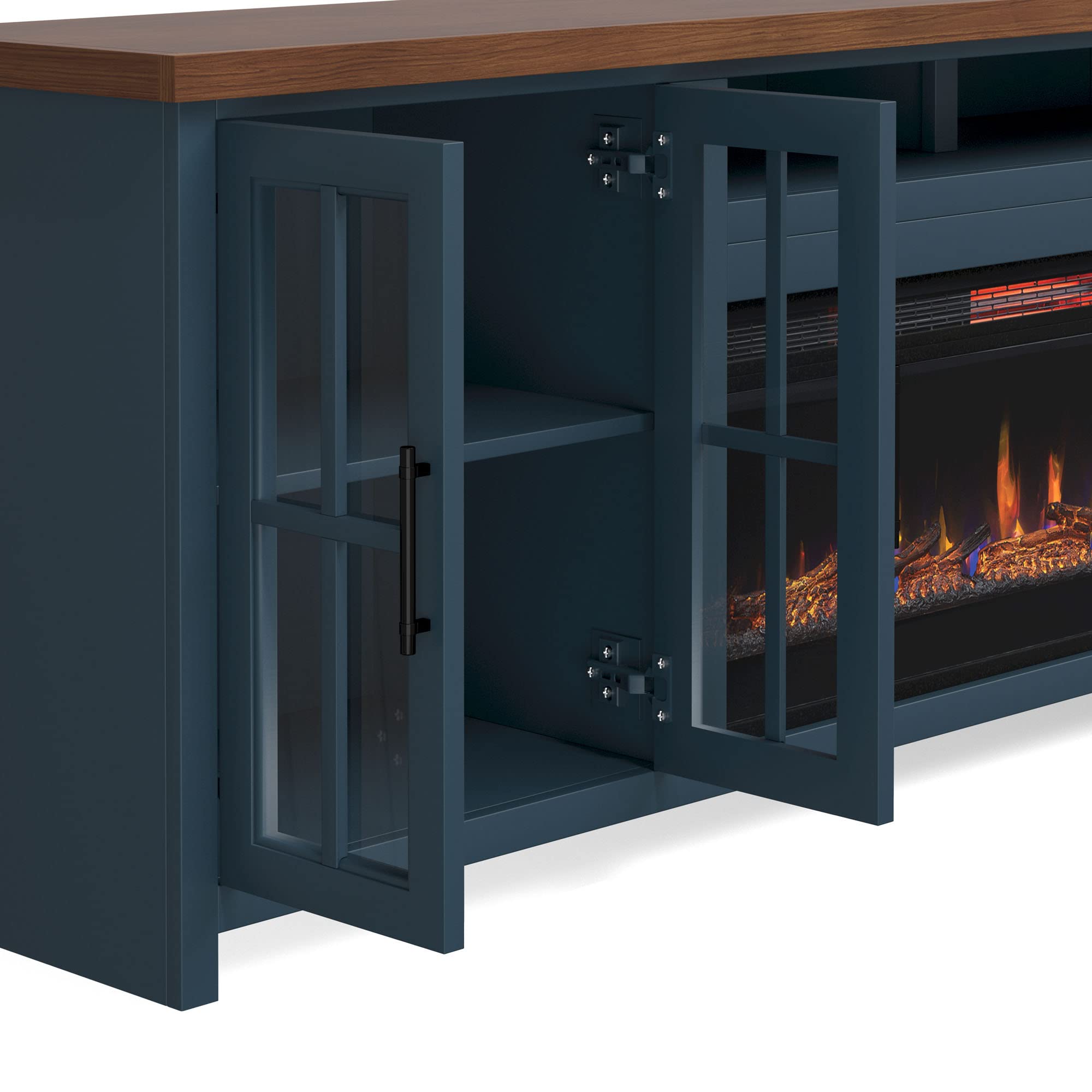 Bridgevine Home Nantucket Modern Farmhouse Fireplace TV Console, 97 Inches, Accommodates TVs up to 100 inches, Fully Assembled, Poplar Solid Wood, Blue Denim and Whiskey Finish