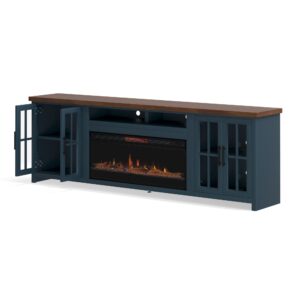 Bridgevine Home Nantucket Modern Farmhouse Fireplace TV Console, 97 Inches, Accommodates TVs up to 100 inches, Fully Assembled, Poplar Solid Wood, Blue Denim and Whiskey Finish