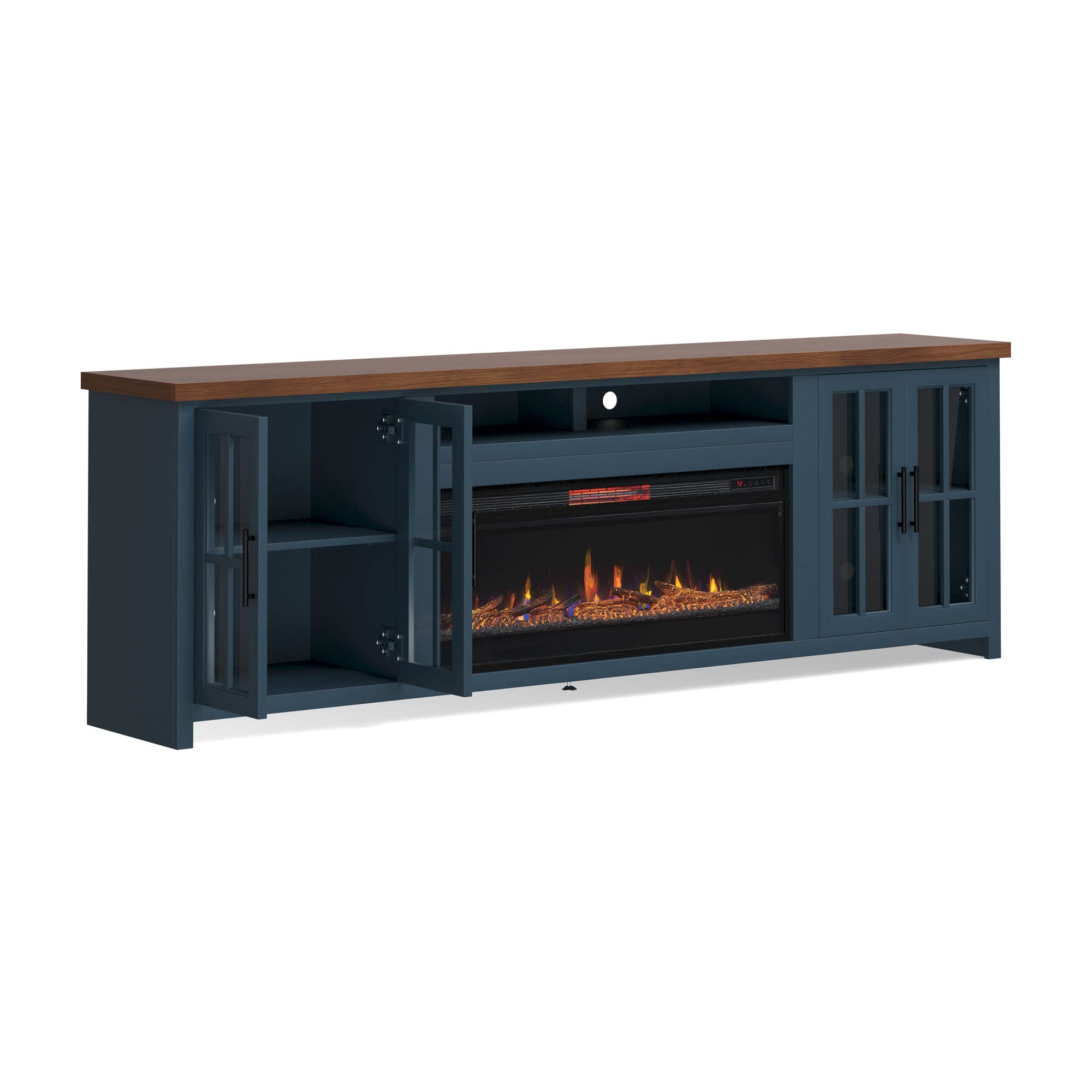 Bridgevine Home Nantucket Modern Farmhouse Fireplace TV Console, 97 Inches, Accommodates TVs up to 100 inches, Fully Assembled, Poplar Solid Wood, Blue Denim and Whiskey Finish